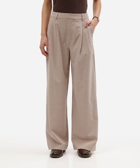 calça wide leg feminina com pregas xadrez rosa