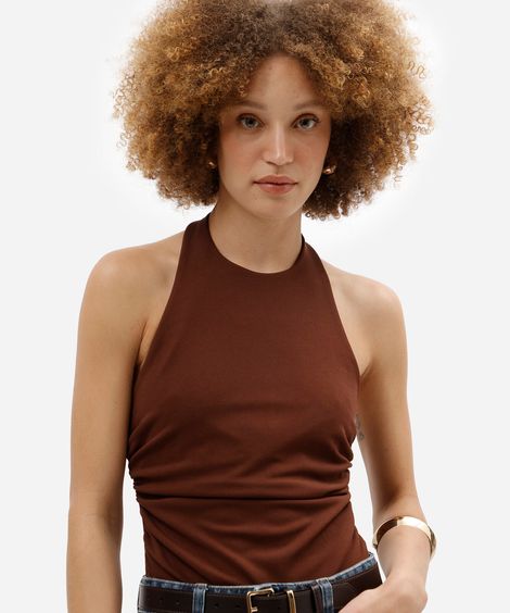 body feminino frente única franzido marrom