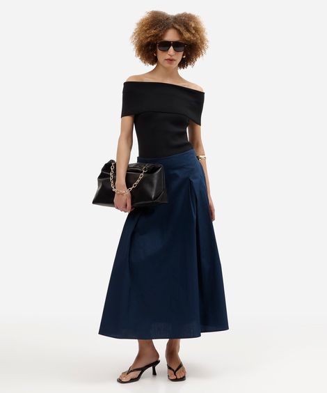saia midi feminina de algodão com pregas azul