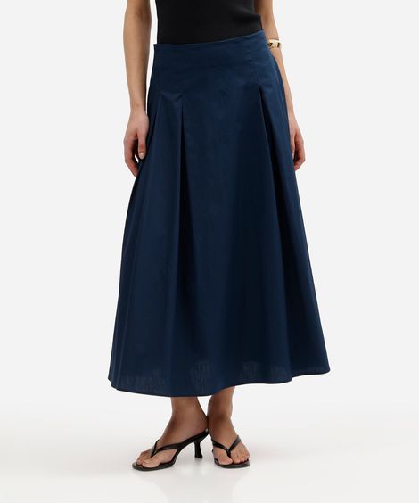 saia midi feminina de algodão com pregas azul