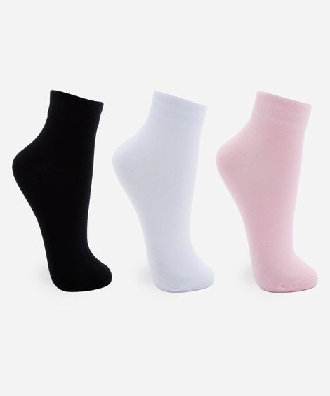 kit de 3 pares de meias femininas cano médio de algodão colorida