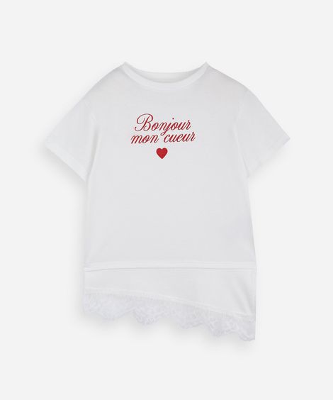 camiseta infantil de algodão com barra assimétrica de renda off white