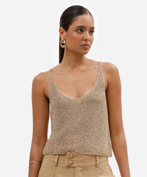 regata cropped feminina de tricot com paetê dourada