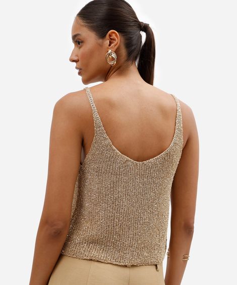 regata cropped feminina de tricot com paetê dourada