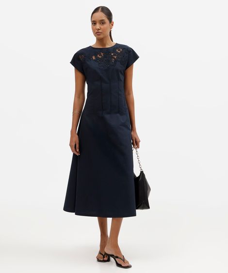vestido midi feminino de algodão manga curta bordado azul