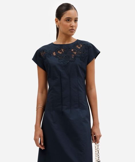 vestido midi feminino de algodão manga curta bordado azul