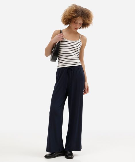 calça wide leg feminina de viscose cós elástico básica azul