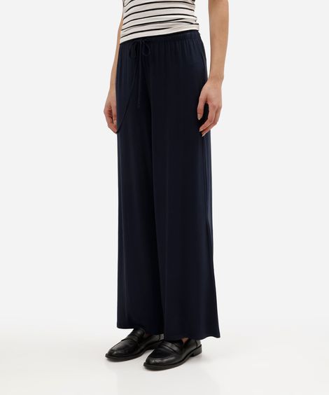 calça wide leg feminina de viscose cós elástico básica azul