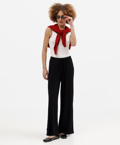 calça wide leg feminina de viscose cós elástico básica preta