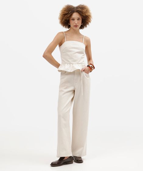 calça estilo pijama feminina de sarja com cordão listrada bege