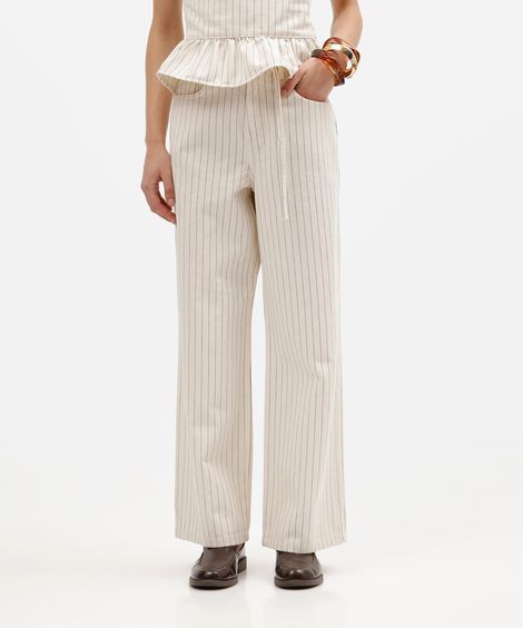 calça estilo pijama feminina de sarja com cordão listrada bege