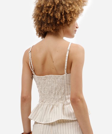 blusa peplum feminina de sarja alça fina listrada bege