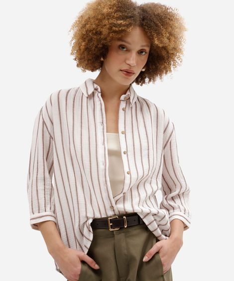 camisa feminina de algodão manga longa listrada texturizada off white