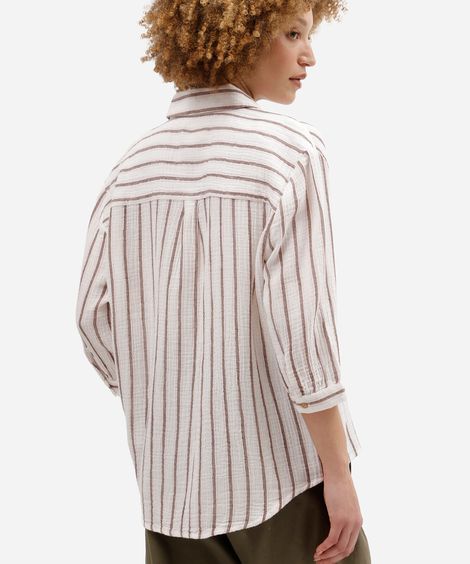 camisa feminina de algodão manga longa listrada texturizada off white