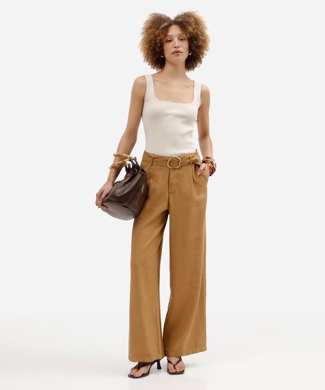 calça wide leg feminina de alfaiataria com cinto bege