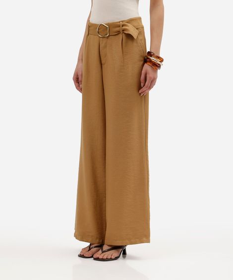 calça wide leg feminina de alfaiataria com cinto bege