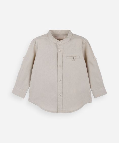 camisa infantil de algodão com gola padre texturizada bege