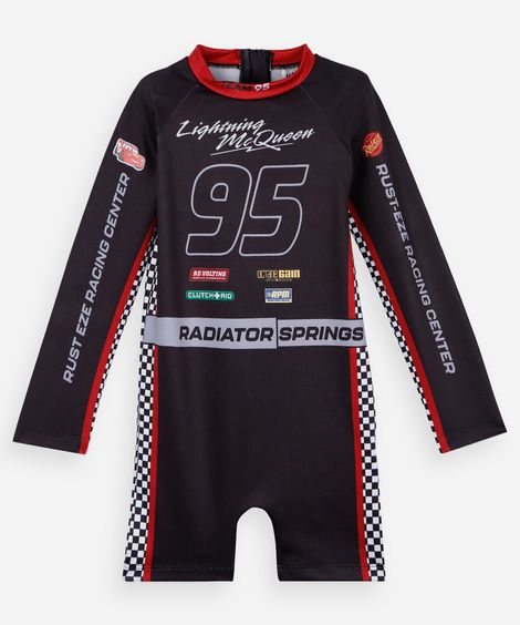 macacão de praia infantil manga longa com proteção uv relâmpago mcqueen preto