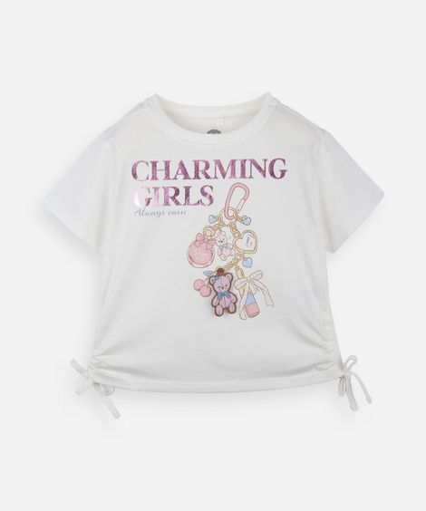 camiseta infantil de algodão com detalhe franzido lateral charming off white