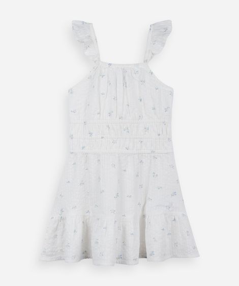 vestido infantil de algodão com estampa floral com alças de babado off white