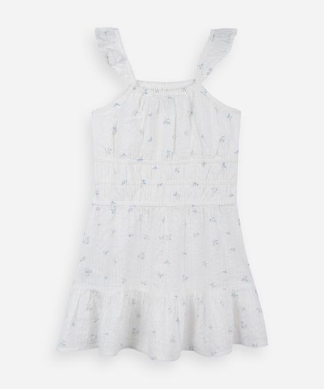 vestido infantil de algodão com estampa floral com alças de babado off white
