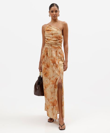 vestido longo feminino de algodão ombro único com fenda franzido floral bege