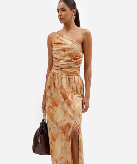 vestido longo feminino de algodão ombro único com fenda franzido floral bege