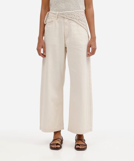 calça wide leg cropped feminina de sarja cintura alta com lenço bege