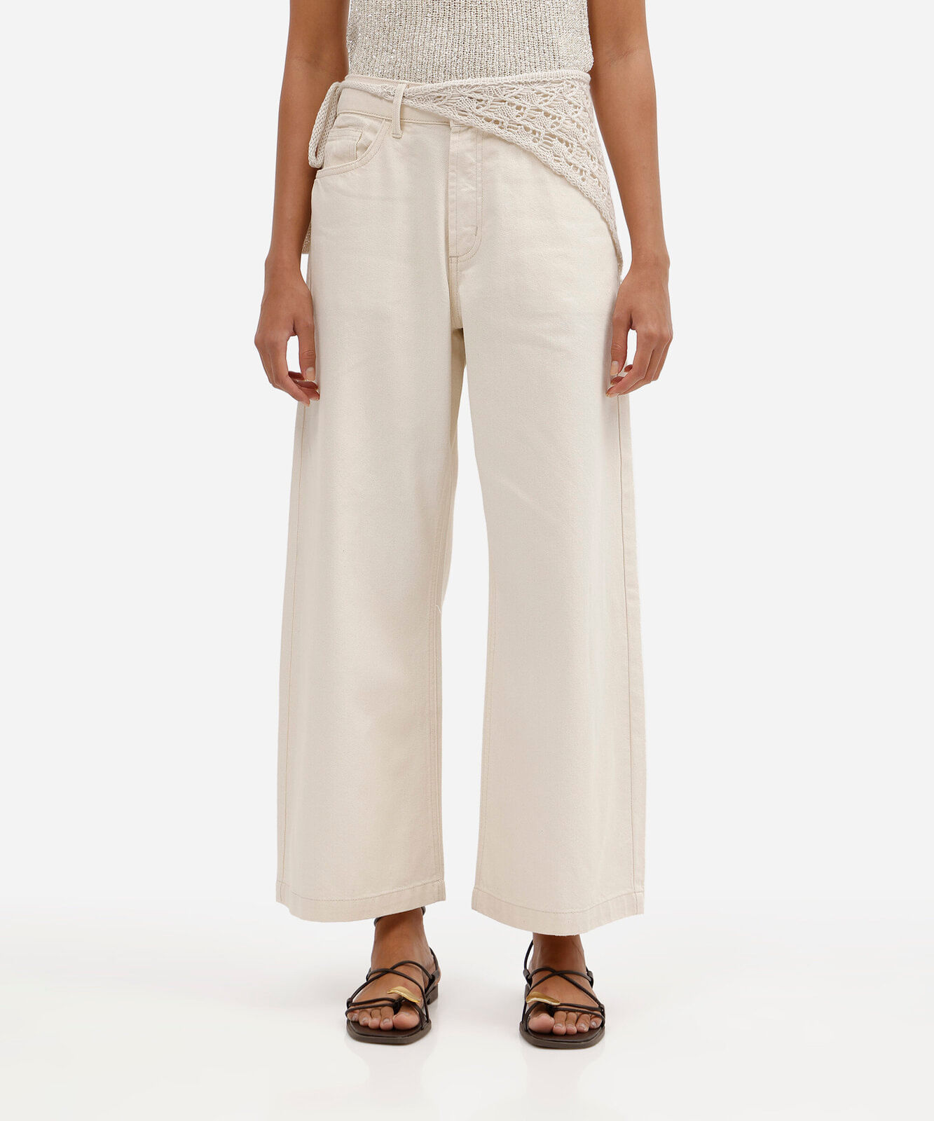 calça wide leg cropped feminina de sarja cintura alta com lenço bege