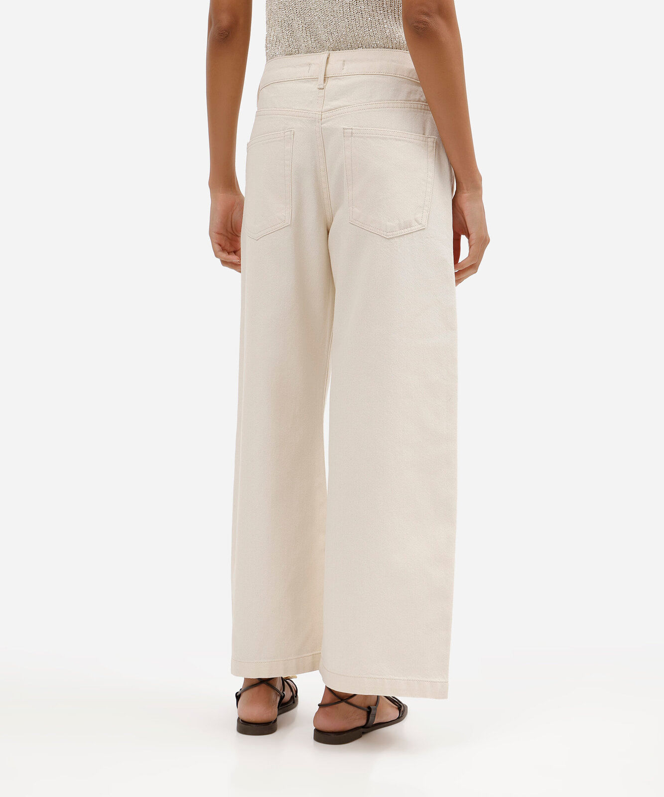 calça wide leg cropped feminina de sarja cintura alta com lenço bege
