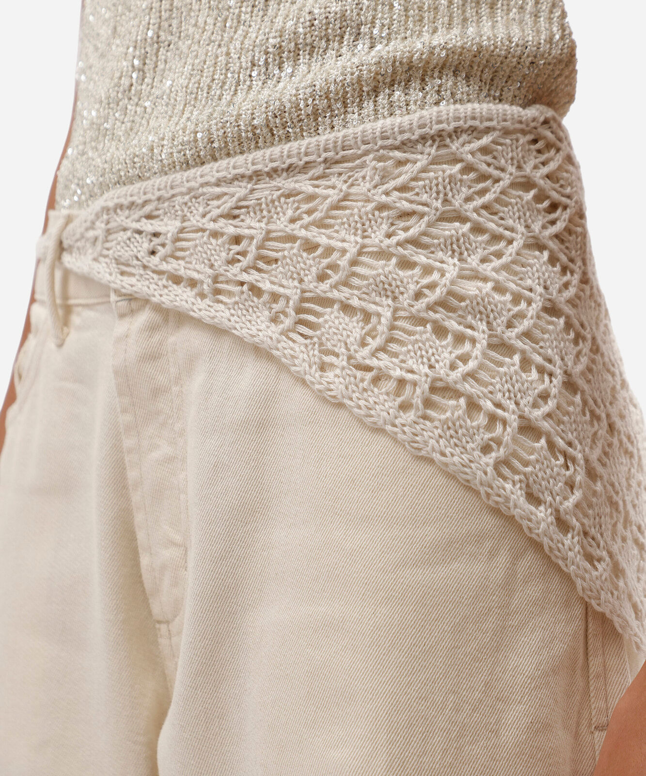 calça wide leg cropped feminina de sarja cintura alta com lenço bege