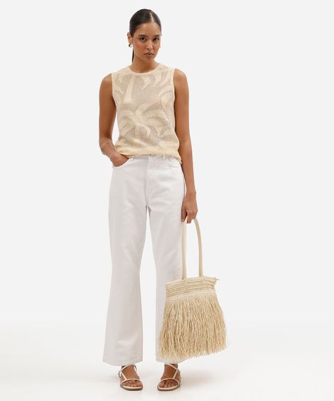 calça wide leg feminina de sarja cintura alta off white
