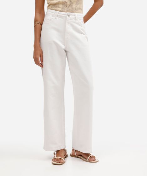 calça wide leg feminina de sarja cintura alta off white