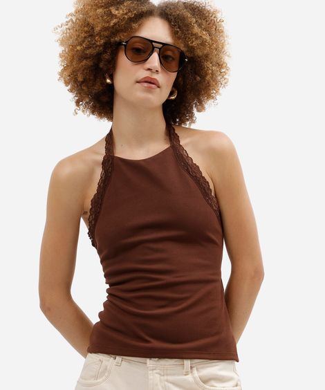 blusa feminina frente única com renda marrom