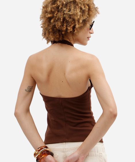 blusa feminina frente única com renda marrom