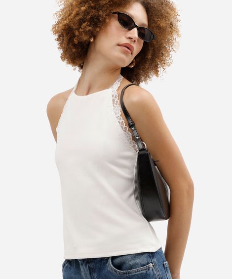 blusa feminina frente única com renda off white