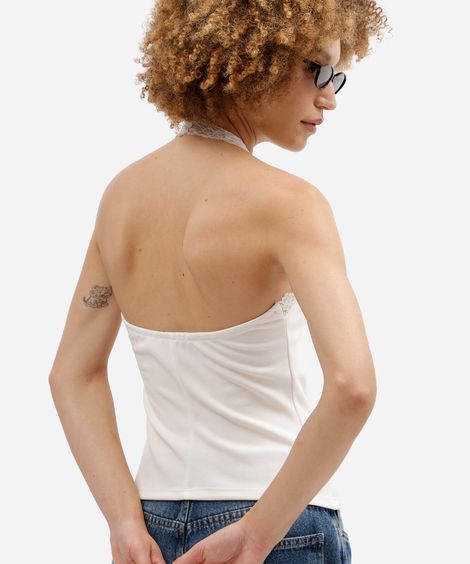 blusa feminina frente única com renda off white