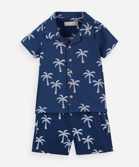 conjunto infantil curto de algodão com estampa de coqueiros azul