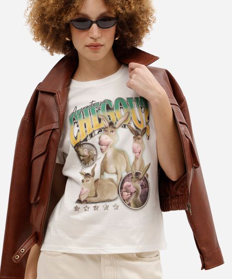 camiseta feminina de algodão manga curta shrek off white