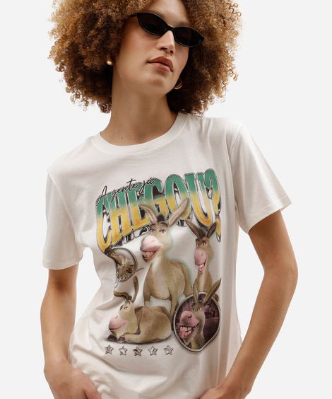 camiseta feminina de algodão manga curta shrek off white