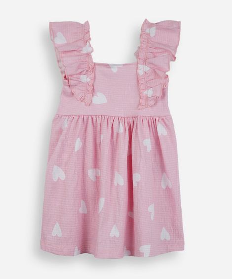 vestido infantil de algodão corações texturizado rosa