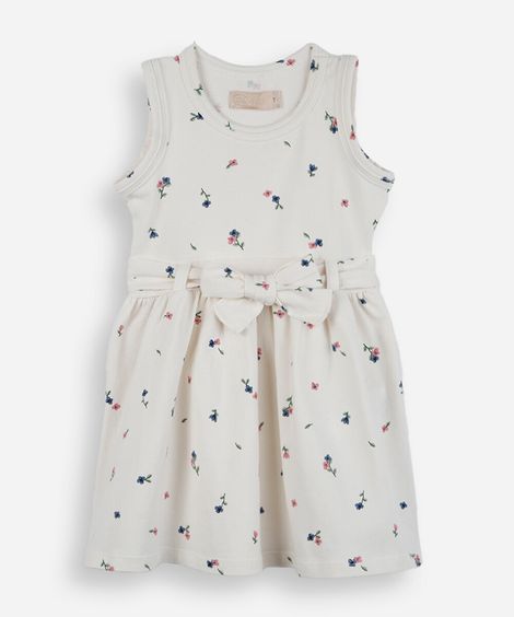 vestido infantil de algodão com laço floral off white