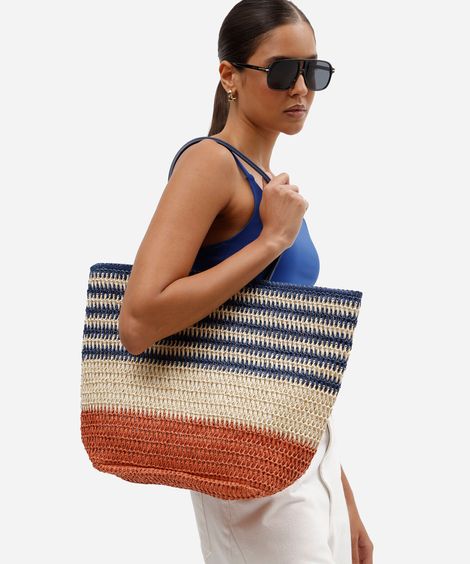 bolsa feminina shopper de palha listrada colorido