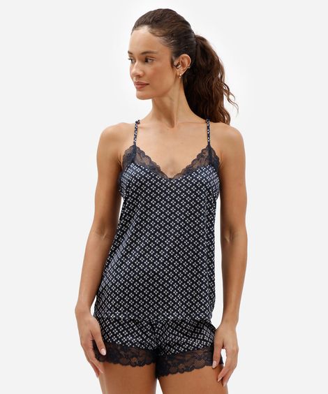 pijama short doll feminino de poliamida com renda geométrica azul