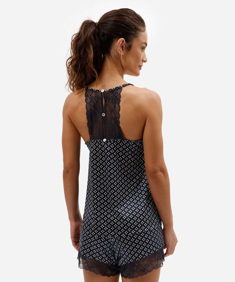 pijama short doll feminino de poliamida com renda geométrica azul