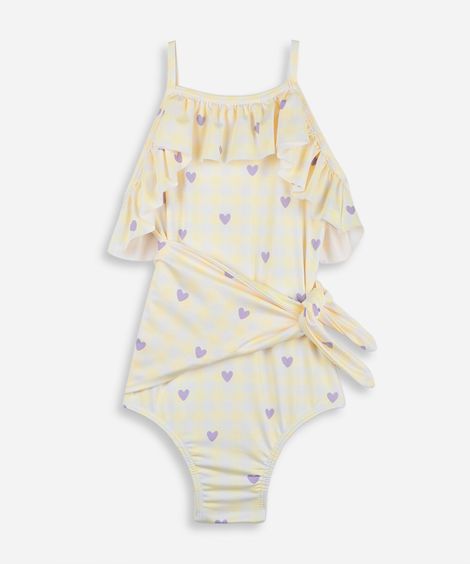 conjunto infantil de maiô e bandana com proteção uv e estampa xadrez de corações amarelo