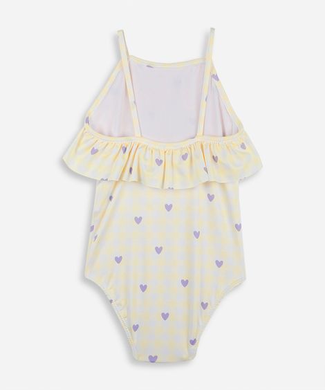 conjunto infantil de maiô e bandana com proteção uv e estampa xadrez de corações amarelo