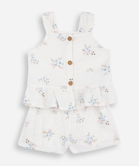 conjunto curto infantil de algodão floral texturizado off white