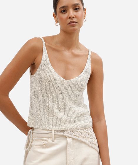 regata cropped feminina de tricot com paetê off white