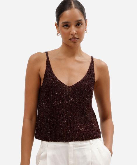 regata cropped feminina de tricot com paetê marrom